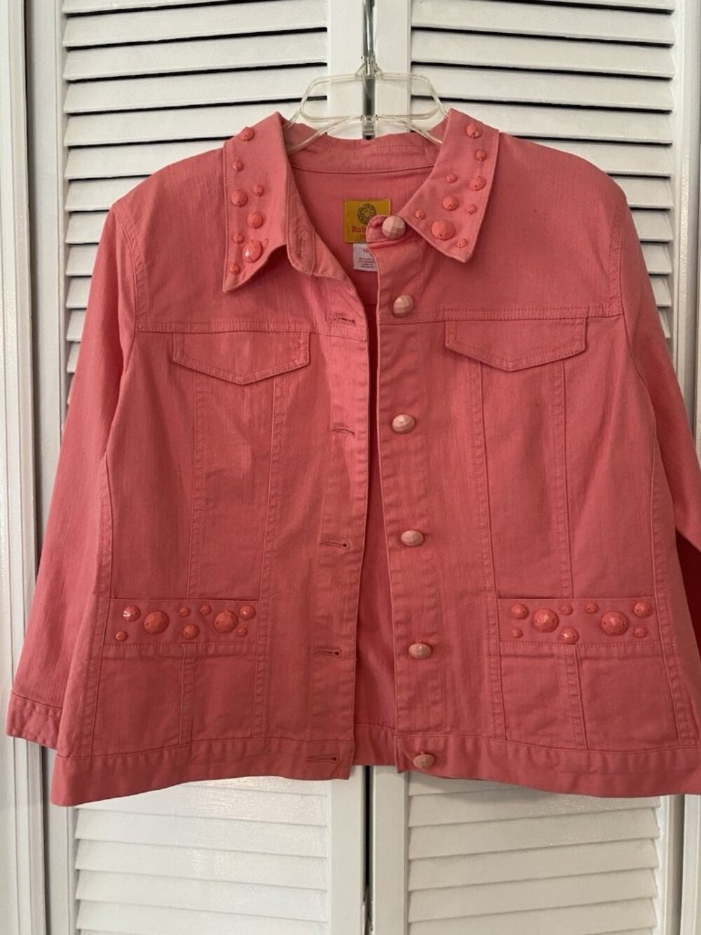 Womens RUBY RD Denim Beaded Button Up Jacket Coat sz 10P lightweight Salmon Pink